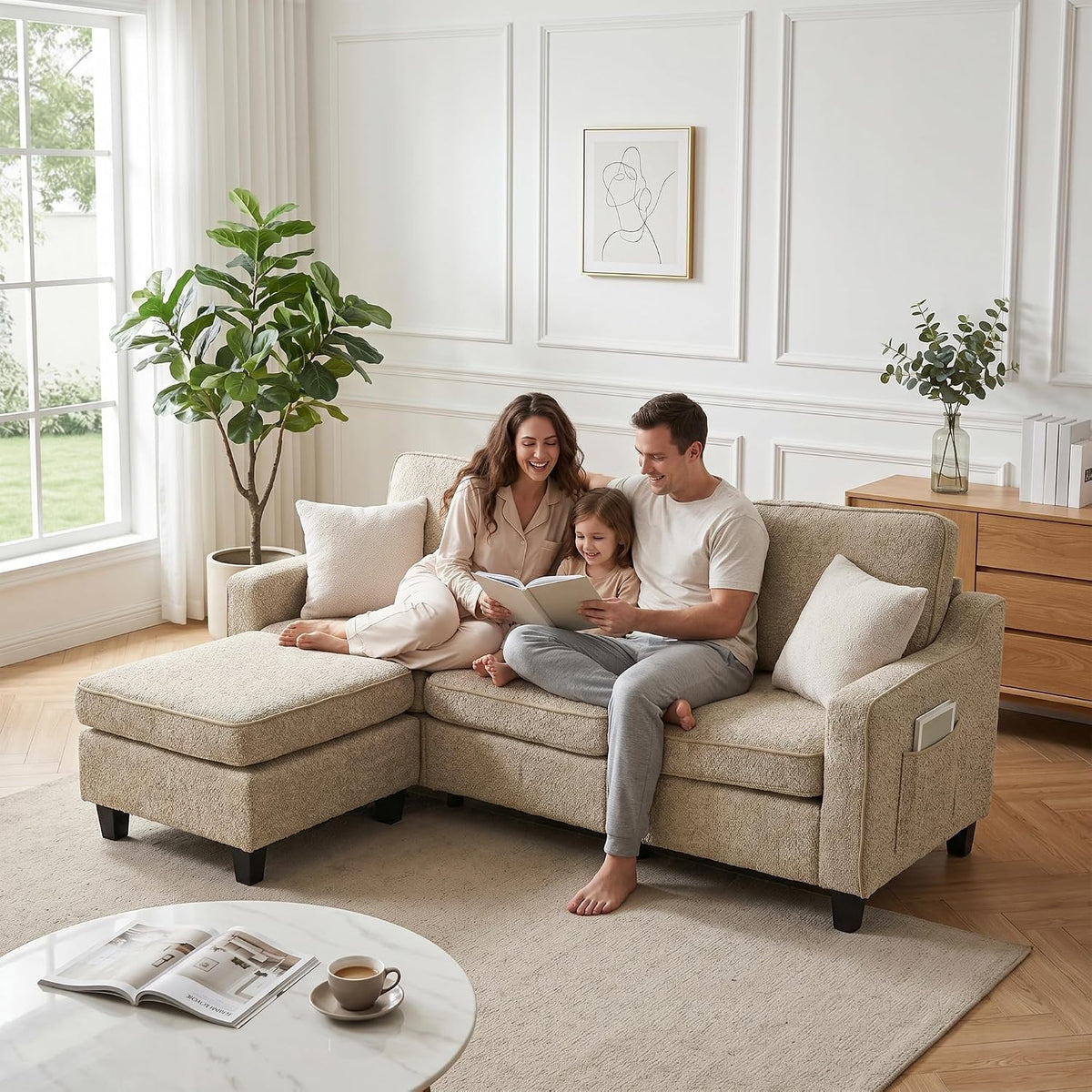 Sofá de 3 plazas con taburete, sofá flexible en forma de L como sofá esquinero, funda de tela suave con acolchado de espuma de alta densidad, sofá de salón para sala de estar, dormitorio, oficina y