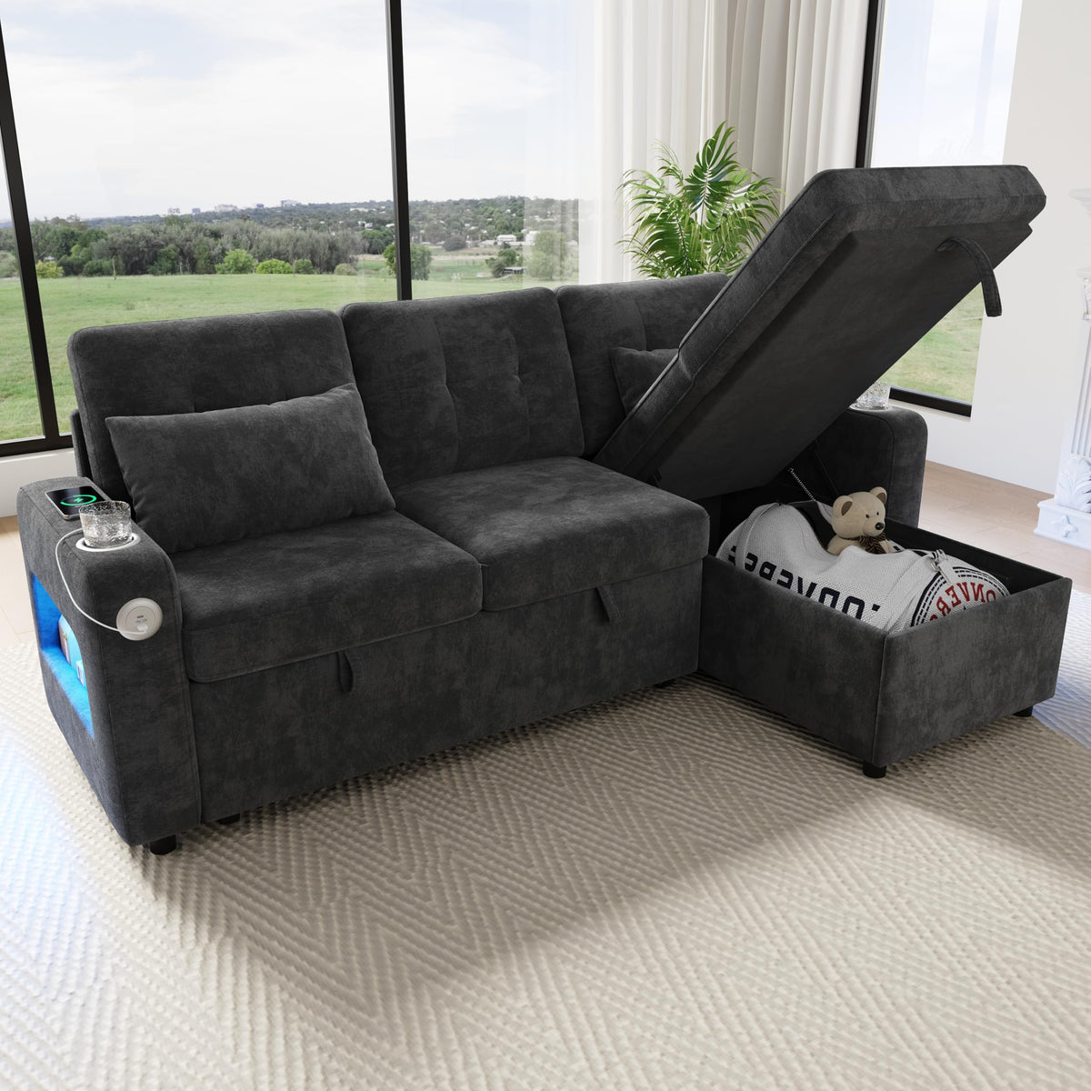 Sapgaks Sofá de esquina convertible de 6 plazas con USB, sofá convertible de 6 plazas, sofá de 6 plazas, en chenilla, con apoyabrazos en forma de librería, puf extraíble para configuraciones en L y en