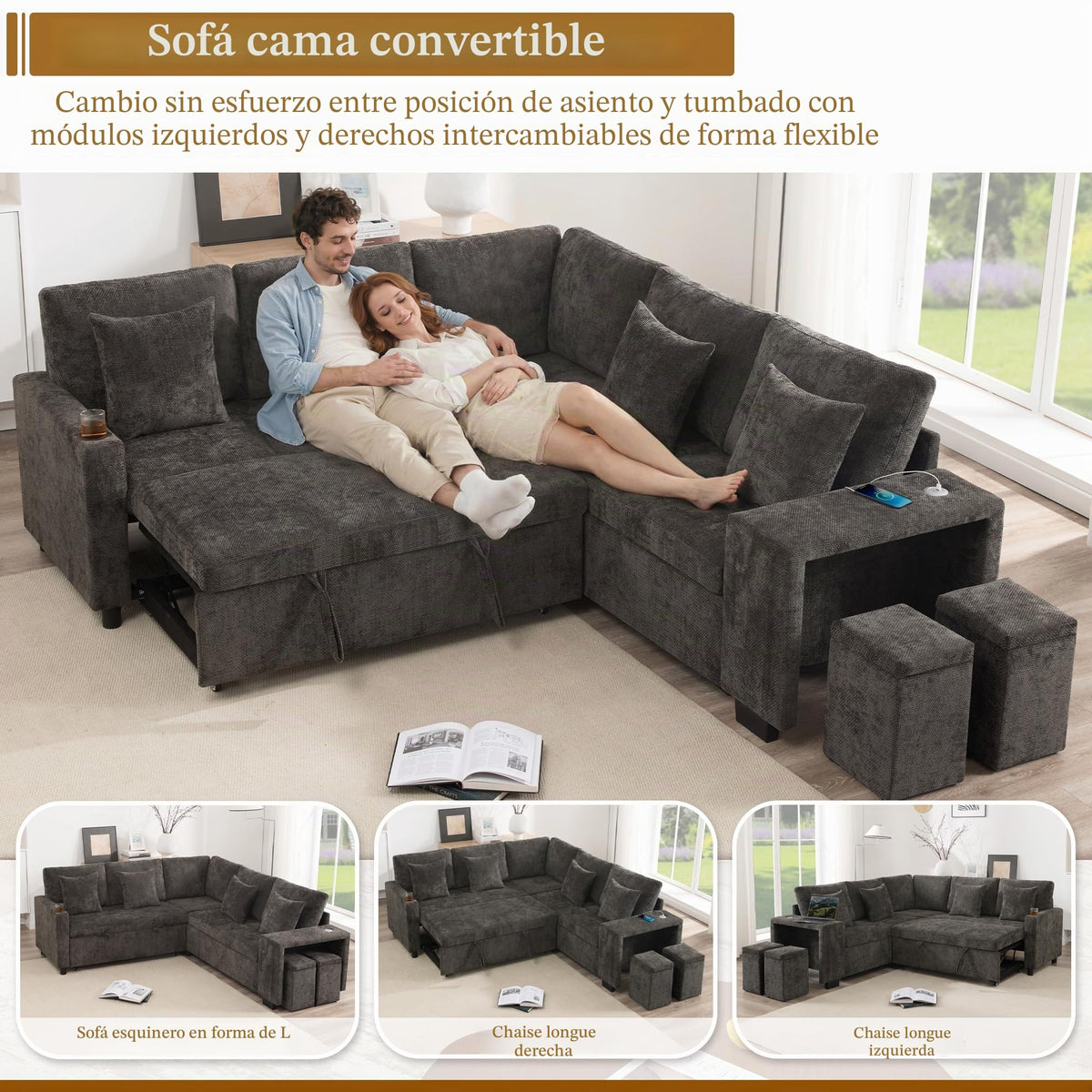 Sofá moderno de chenilla en forma de U con chaise longue, sofá esquinero de 4 plazas con espacio de almacenamiento, puerto USB y tipo C, modular, con soporte para bebidas y cojines suaves