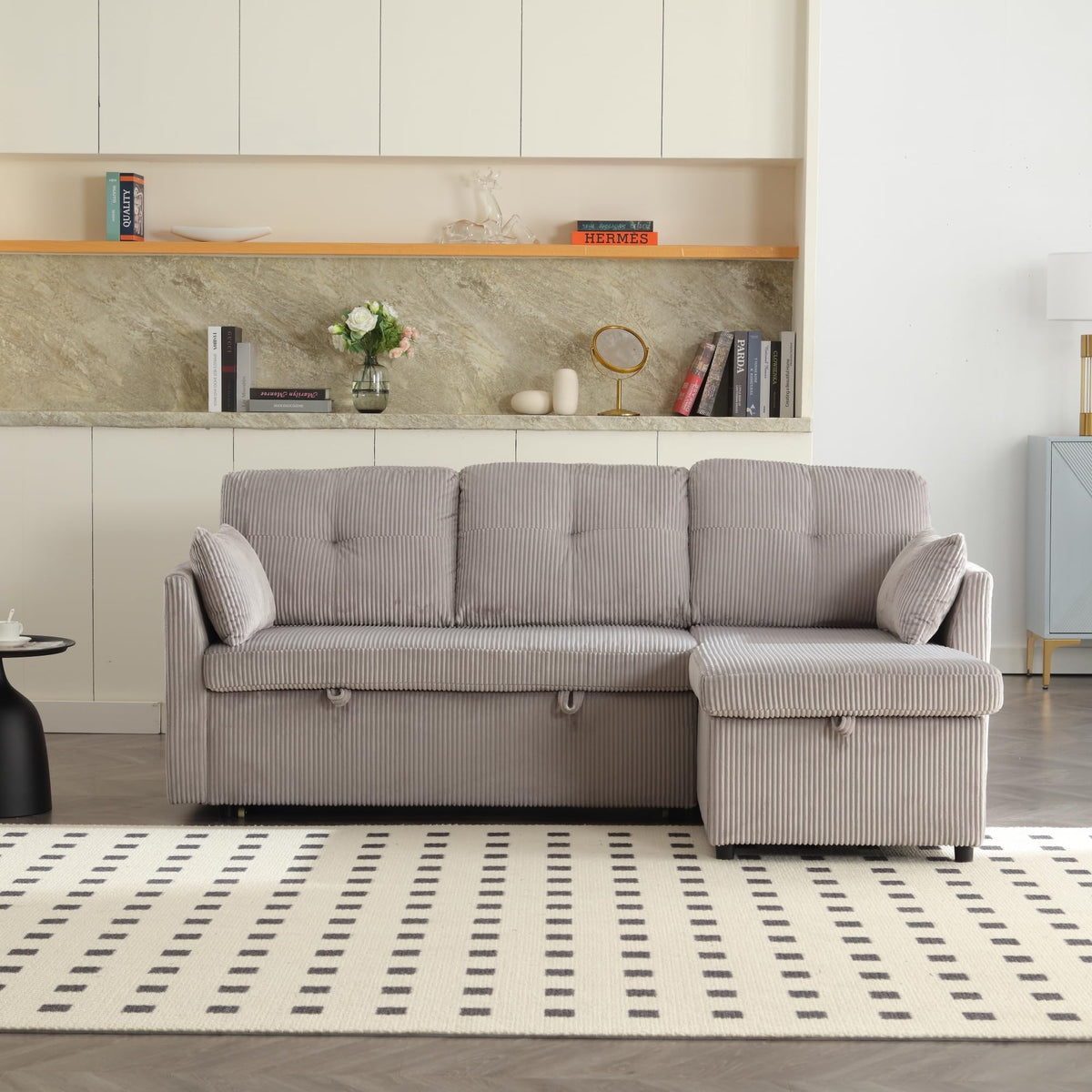 Lubvtti Sofá cama de 3 plazas moderno con función de cama, con espacio de almacenamiento, cargador USB, reposabrazos portaobjetos y 2 cojines, sofá de esquina en L, sofá de 3 plazas, chenilla (C-gris)