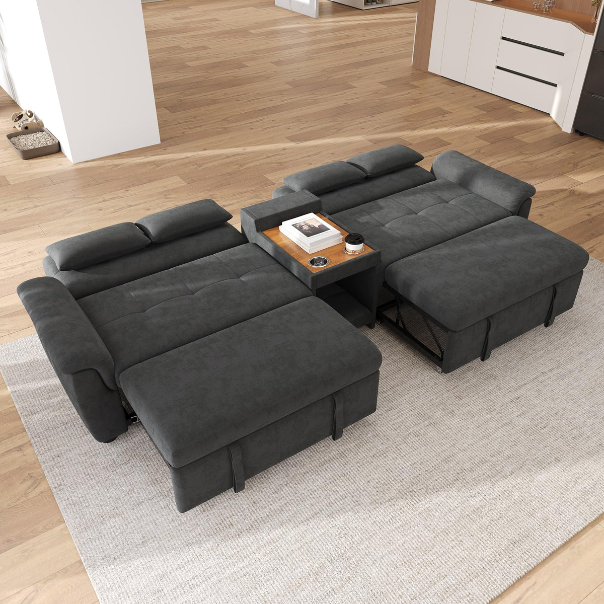 LAKFEW Sofa Cama con Cama Extensible y Taburete Almacenaje, Sofa Rinconera con USB, Lámpara de Lectura, Mesa Plegable con 2 Posavasos, 205x205x85 cm, Gris