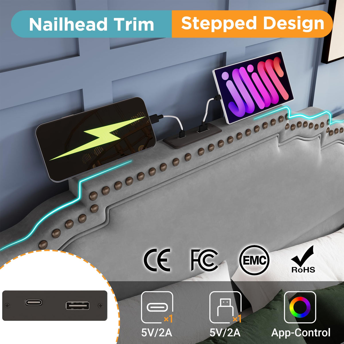 Cama tapizada de 160 x 200 cm, cama doble con 4 cajones, iluminación LED y puerto de carga USB-C, cama de almacenamiento y cama juvenil con somier, terciopelo, beige, sin colchón