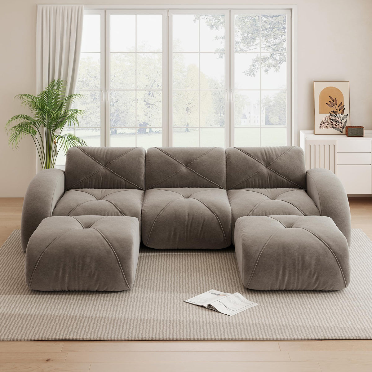 Sofá de esquina en forma de L de 4 plazas con reposapiés, sofá modular Cloud sin marcos de chenilla, sofá de estar suave, antideslizante, combinable de forma flexible, sin montaje, salón color