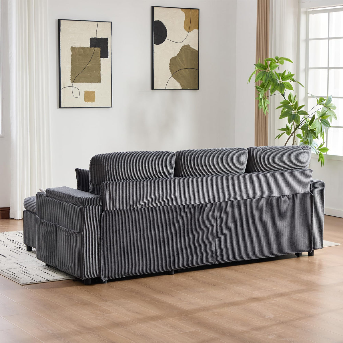 Dolamaní Sofá moderno de 4 plazas de tela de lino con espacio de almacenamiento y función de dormir, sofá cama con cajonera extensible en forma de L para casa y salón (beige B)