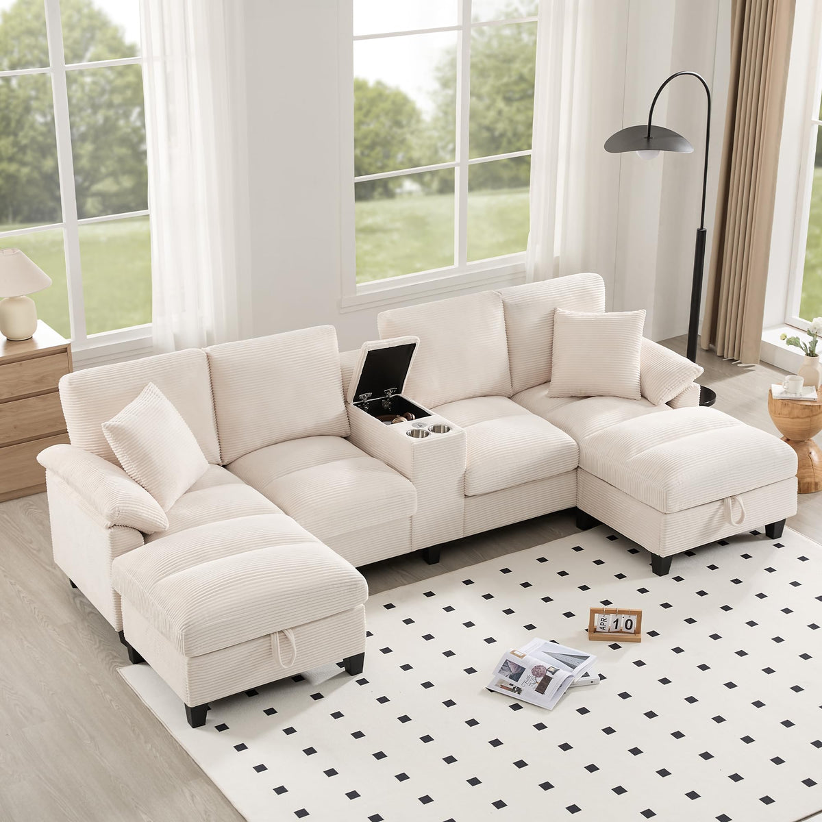 Sofá modular de 6 plazas, sofá esquinero en forma de L/U, puertos USB/tipo C, portavasos y espacio de almacenamiento, tela de chenilla, 7 cojines, salón, dormitorio y oficina, color beige