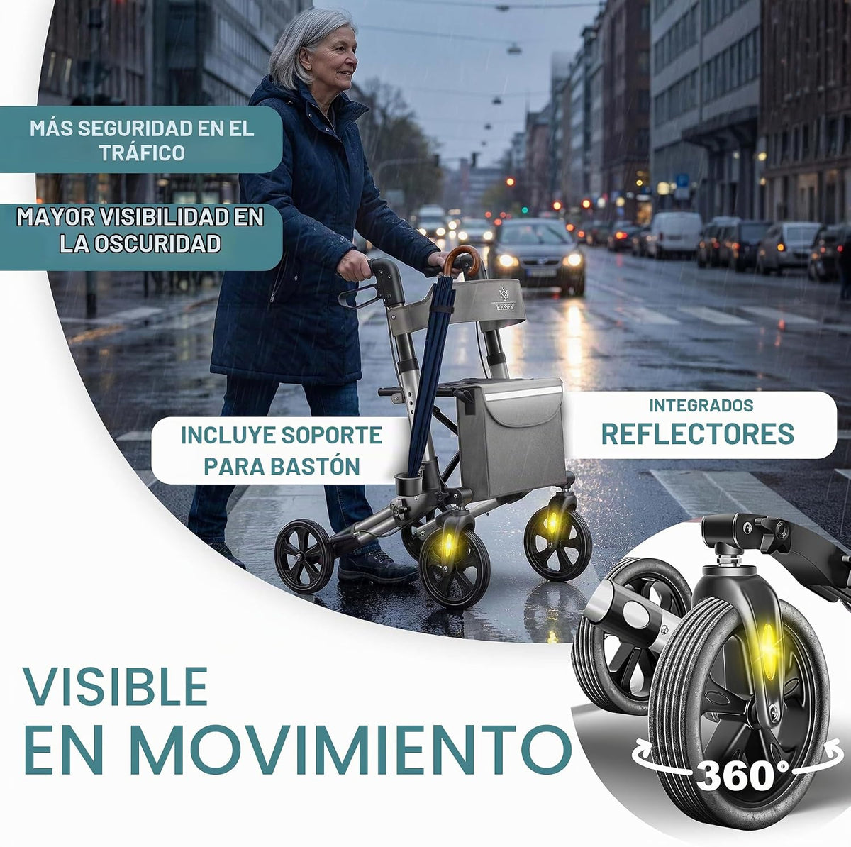 KESSER® Andador plegable con asiento y respaldo, 4 Ruedas/Frenos/Saco de Compra y Porta Bastón, Altura Ajustable 82-94cm, Andador, Carro, Rollator para Ancianos Gris