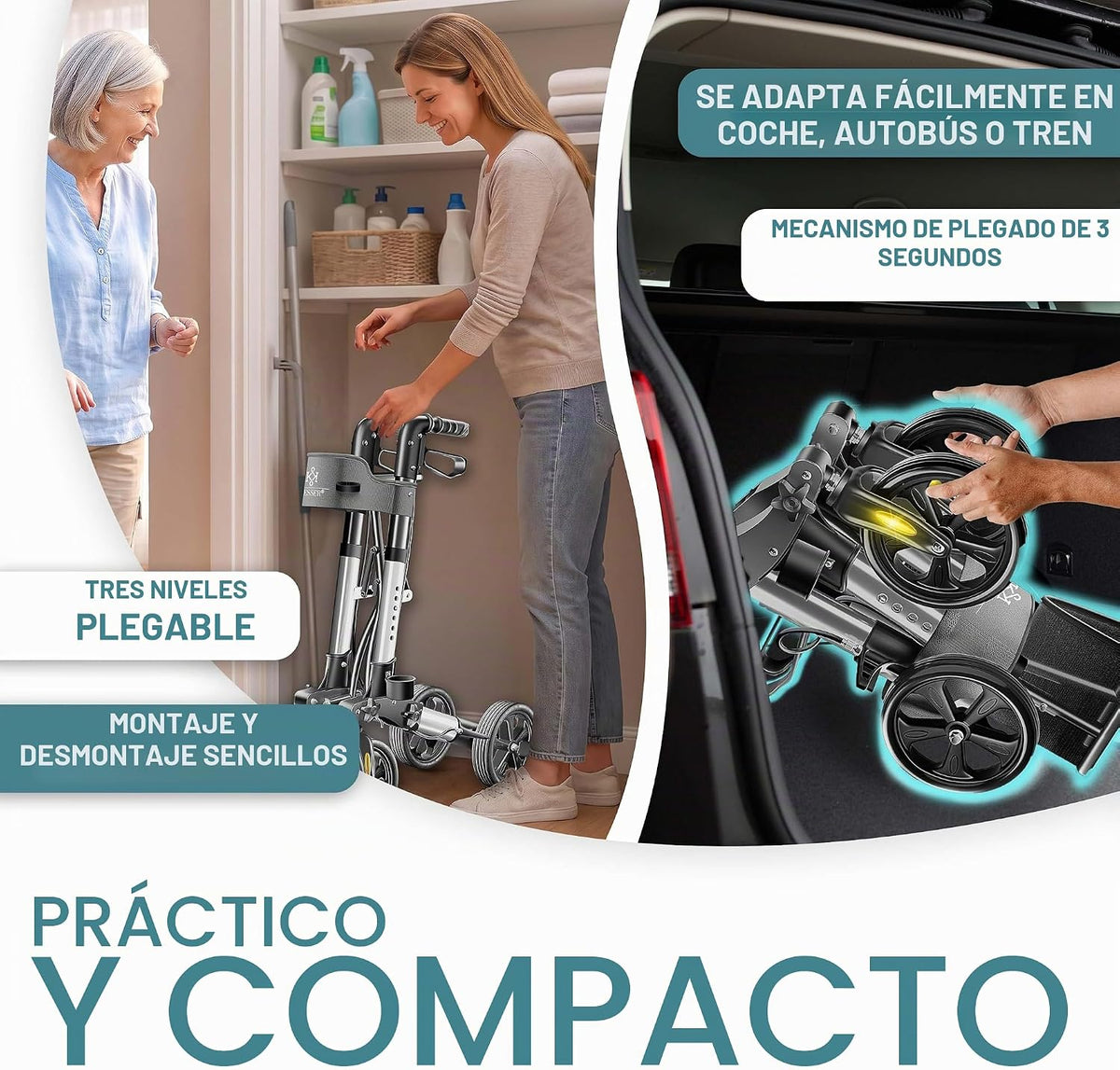 KESSER® Andador plegable con asiento y respaldo, 4 Ruedas/Frenos/Saco de Compra y Porta Bastón, Altura Ajustable 82-94cm, Andador, Carro, Rollator para Ancianos Gris