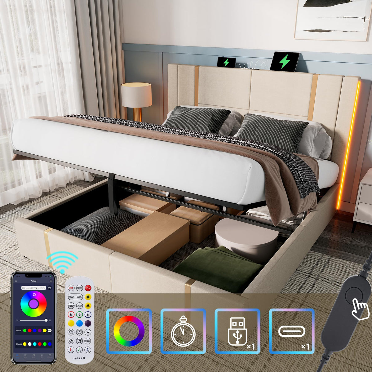 Cama tapizada doble USB tipo C función de carga APP Control LED 180 × 200 cm espacio espacio cama somier de láminas de madera, material de lino beige (sin colchón)