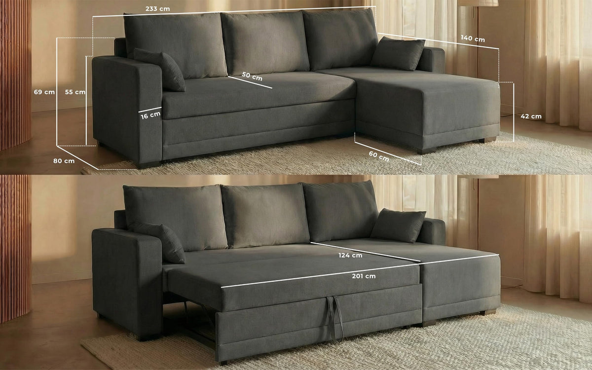 BUDWING Leah Sofá Cama Esquinero 3 Plazas - Chaise Longue Reversible y 2 Cojines Decorativos – Tapizado en Poliéster – Estilo Moderno – 233x124x69 cm – Gris Bicolor
