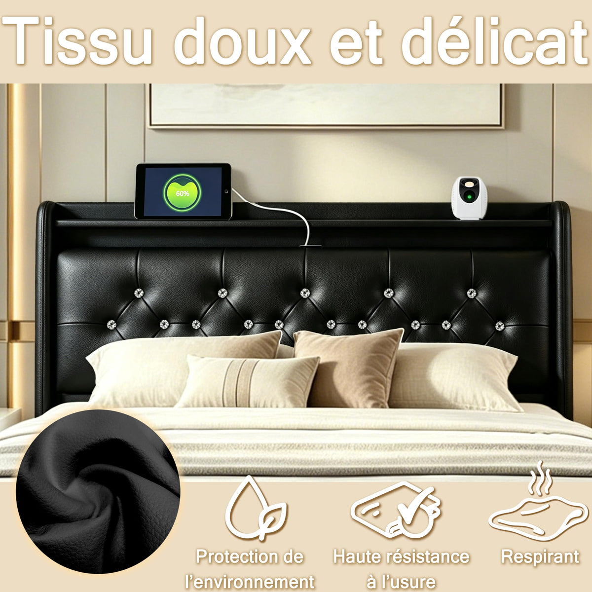 Armazón de Cama de Cuero 140x200cm con luz LED, Blanco