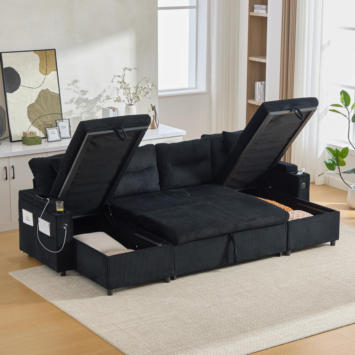 Dolamaní Sofá moderno de 4 plazas de tela de lino con espacio de almacenamiento y función de dormir, sofá cama con cajonera extensible en forma de L para casa y salón (beige B)