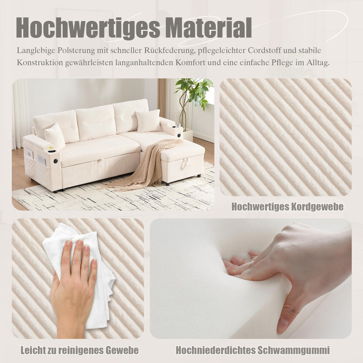 Dolamaní Sofá moderno de 4 plazas de tela de lino con espacio de almacenamiento y función de dormir, sofá cama con cajonera extensible en forma de L para casa y salón (beige B)