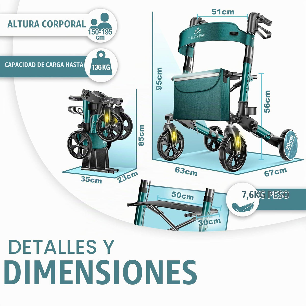 KESSER® Andador plegable con asiento y respaldo, 4 Ruedas/Frenos/Saco de Compra y Porta Bastón, Altura Ajustable 82-94cm, Andador, Carro, Rollator para Ancianos Gris