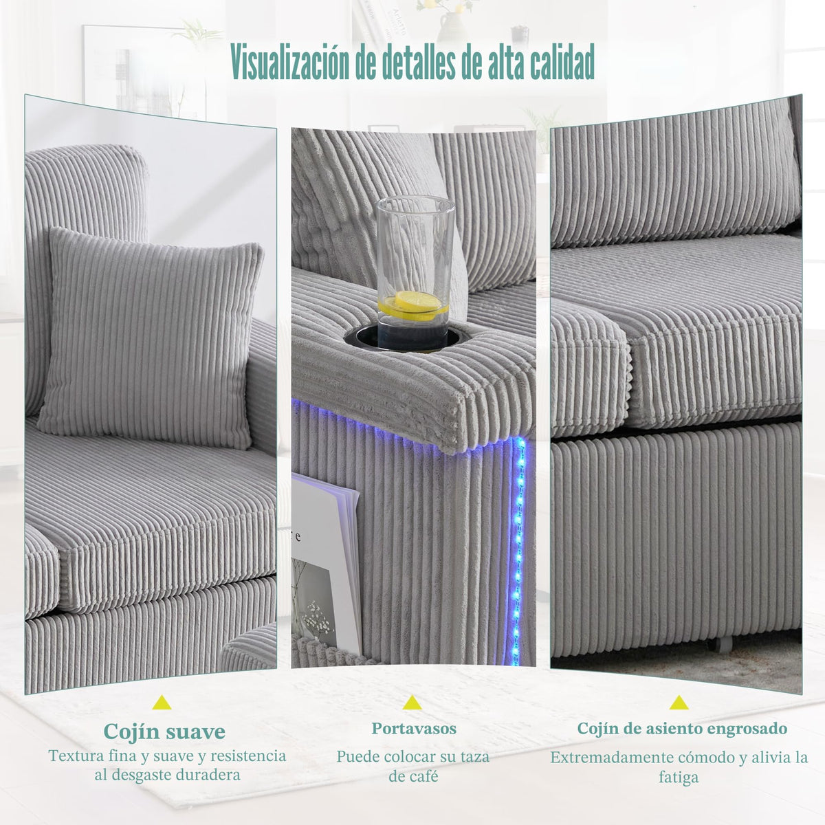 Lubvtti Sofá cama de 3 plazas moderno con función de cama, con espacio de almacenamiento, cargador USB, reposabrazos portaobjetos y 2 cojines, sofá de esquina en L, sofá de 3 plazas, chenilla (C-gris)