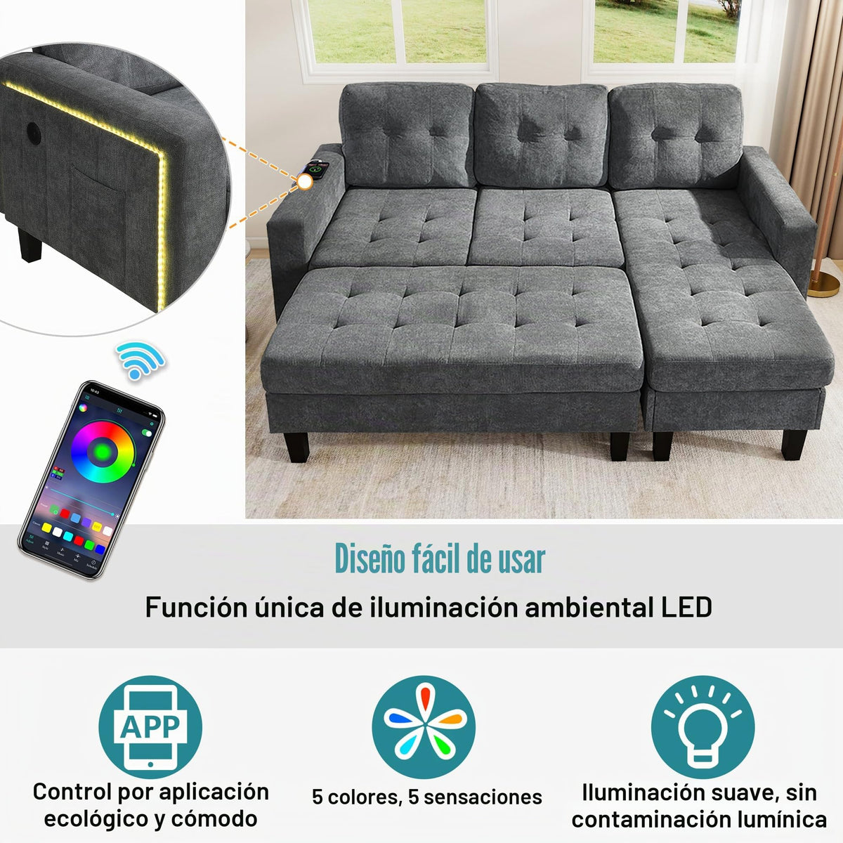 Lubvtti Sofá cama de 3 plazas moderno con función de cama, con espacio de almacenamiento, cargador USB, reposabrazos portaobjetos y 2 cojines, sofá de esquina en L, sofá de 3 plazas, chenilla (C-gris)