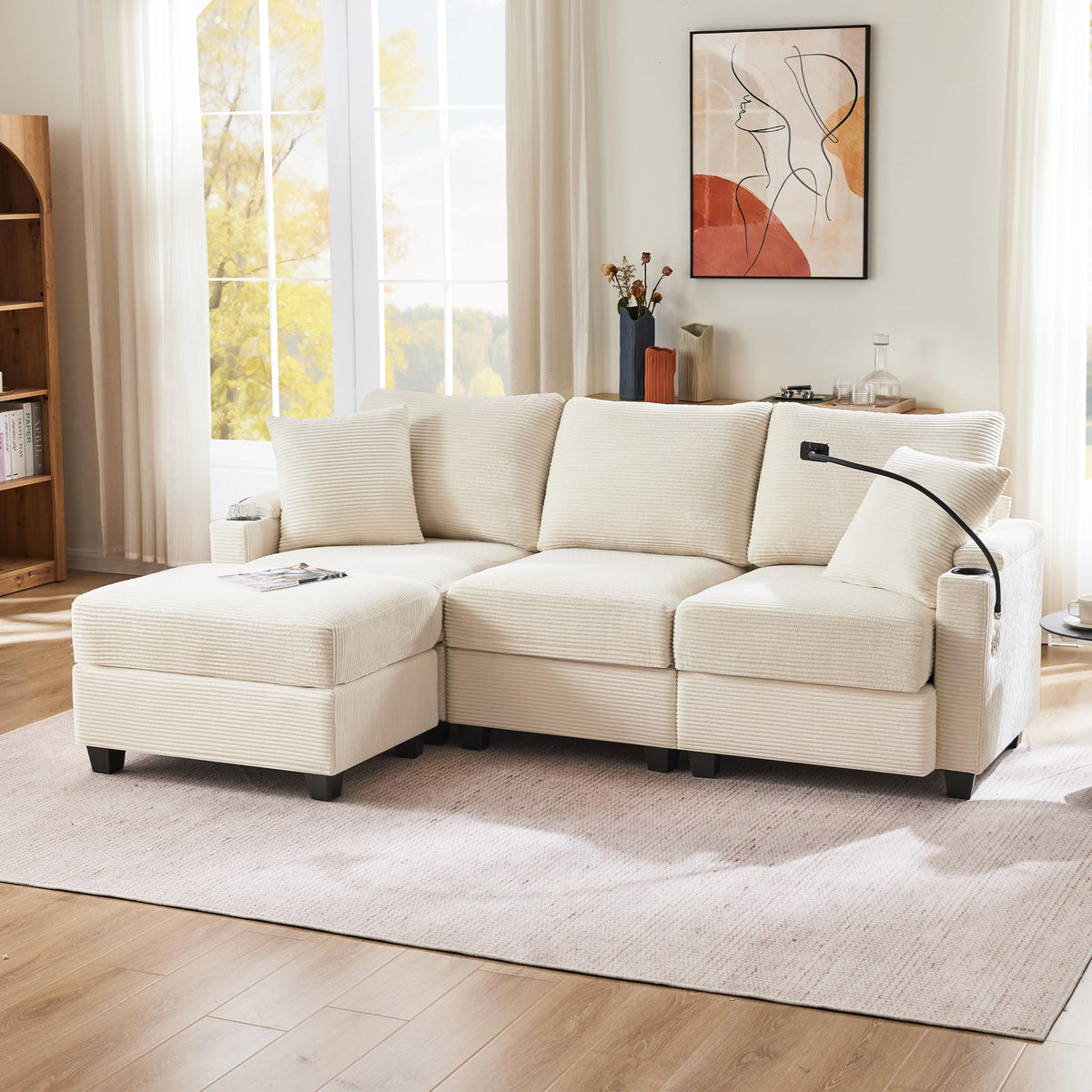 Sofá modular de 6 plazas, sofá esquinero en forma de L/U, puertos USB/tipo C, portavasos y espacio de almacenamiento, tela de chenilla, 7 cojines, salón, dormitorio y oficina, color beige
