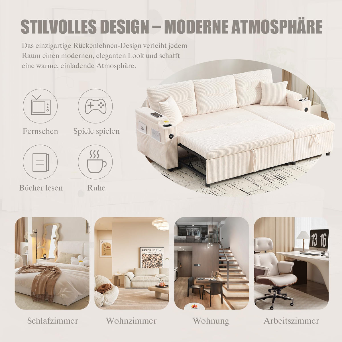 Dolamaní Sofá moderno de 4 plazas de tela de lino con espacio de almacenamiento y función de dormir, sofá cama con cajonera extensible en forma de L para casa y salón (beige B)