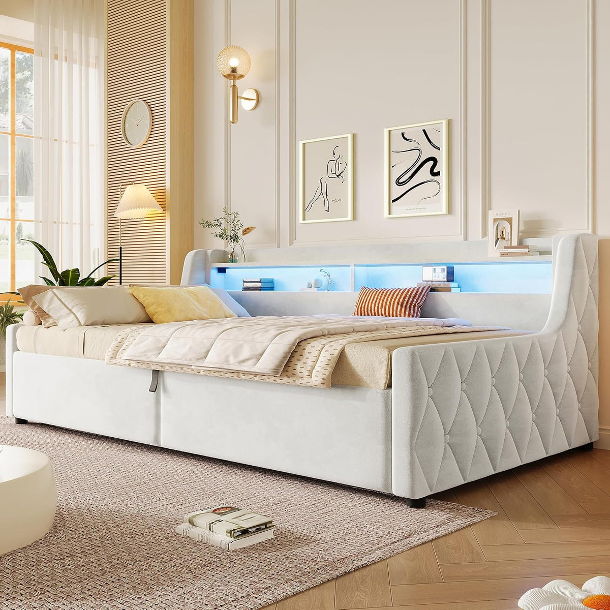 Cama con plataforma de terciopelo 90 x 200 cm, con espacio de almacenamiento hidráulico e iluminación LED (color crema, 90 x 200 cm)