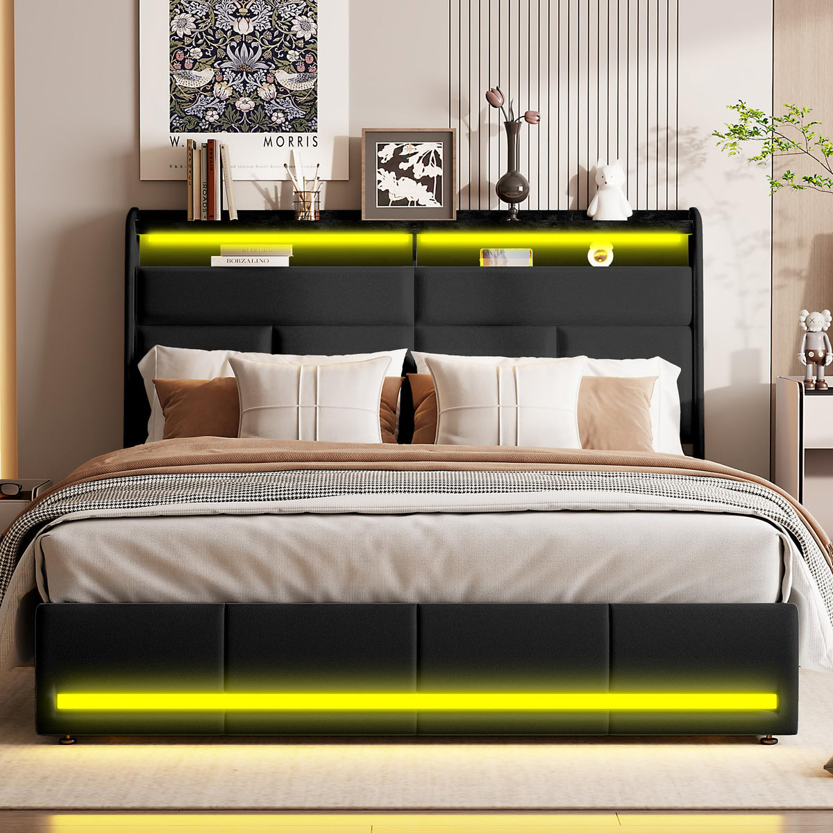 Cama tapizada de 160 x 200 cm, cama doble LED con espacio de almacenamiento, cabecero y función de carga USB C, cama de almacenamiento hidráulico, respaldo con somier de láminas de madera