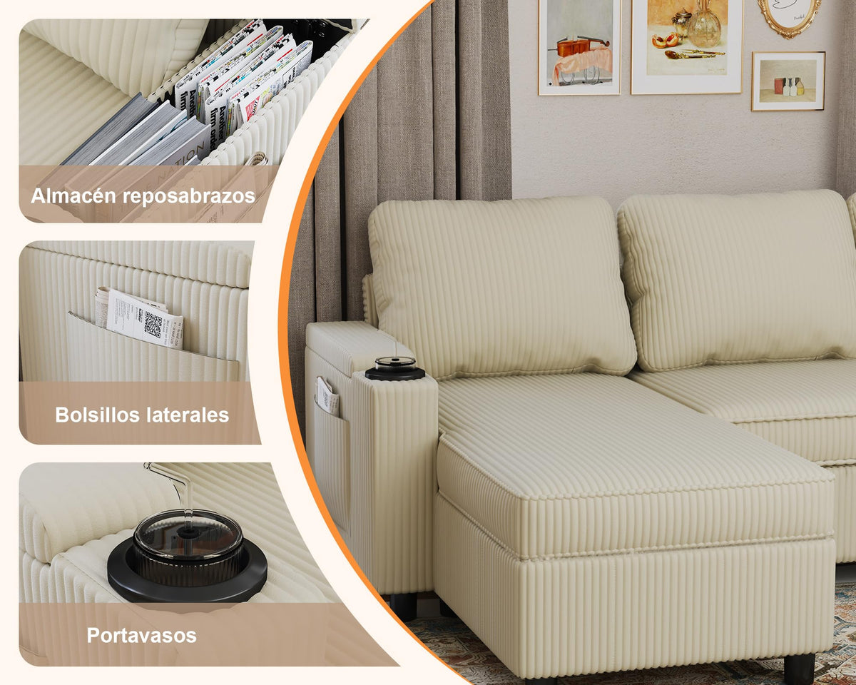 Devoko Sofá Cama L 3 plazas Azul Marino con almacén y portavasos, sofá Convertible Suave para salón y Piso, multifunción con Brazos amplios y Gran almacenaje