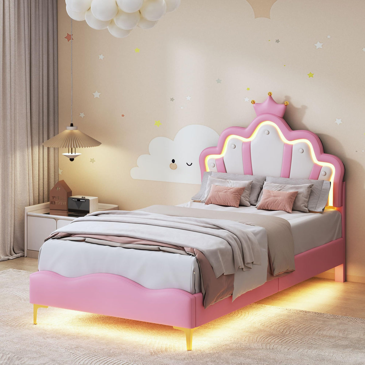 Cama Infantil tapizada 140 x 200 cm con LED, Cama tapizada para niños 140 x 200 con cabecera Ajustable Marco de Camas, Camas de Princesa para Niña en Forma de Corona con Somier(Rosa, 140 x 200)