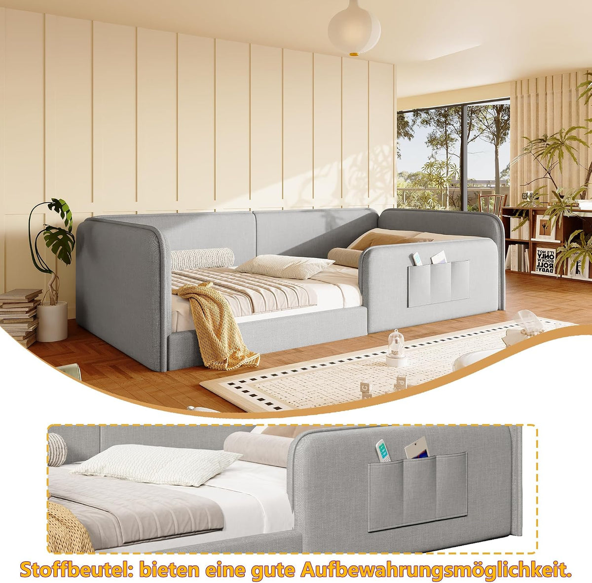Cama con plataforma 90 x 200 cm con funda de lino suave, acolchado de espuma con marco de seguridad integral, color gris