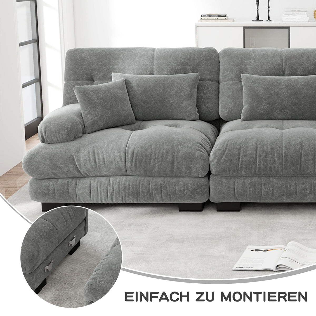 Sofá esquinero de chenilla nublado para salón, sofá doble con reposabrazos anchos, 2 cojines lumbares, 2 cojines decorativos y 2 otomanas, 220 x 140 x 81 cm (rosa)