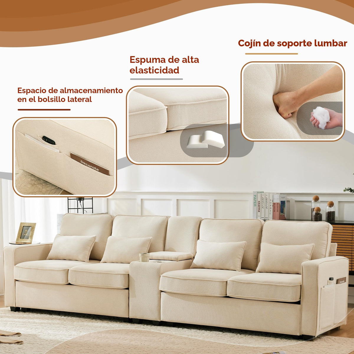 Sofá moderno de 4 plazas, en tejido de lino, soporte para bebidas, 2 puertos de carga USB con cable, bolsillos en reposabrazos y 4 cojines, sofá sencillo para sala de estar