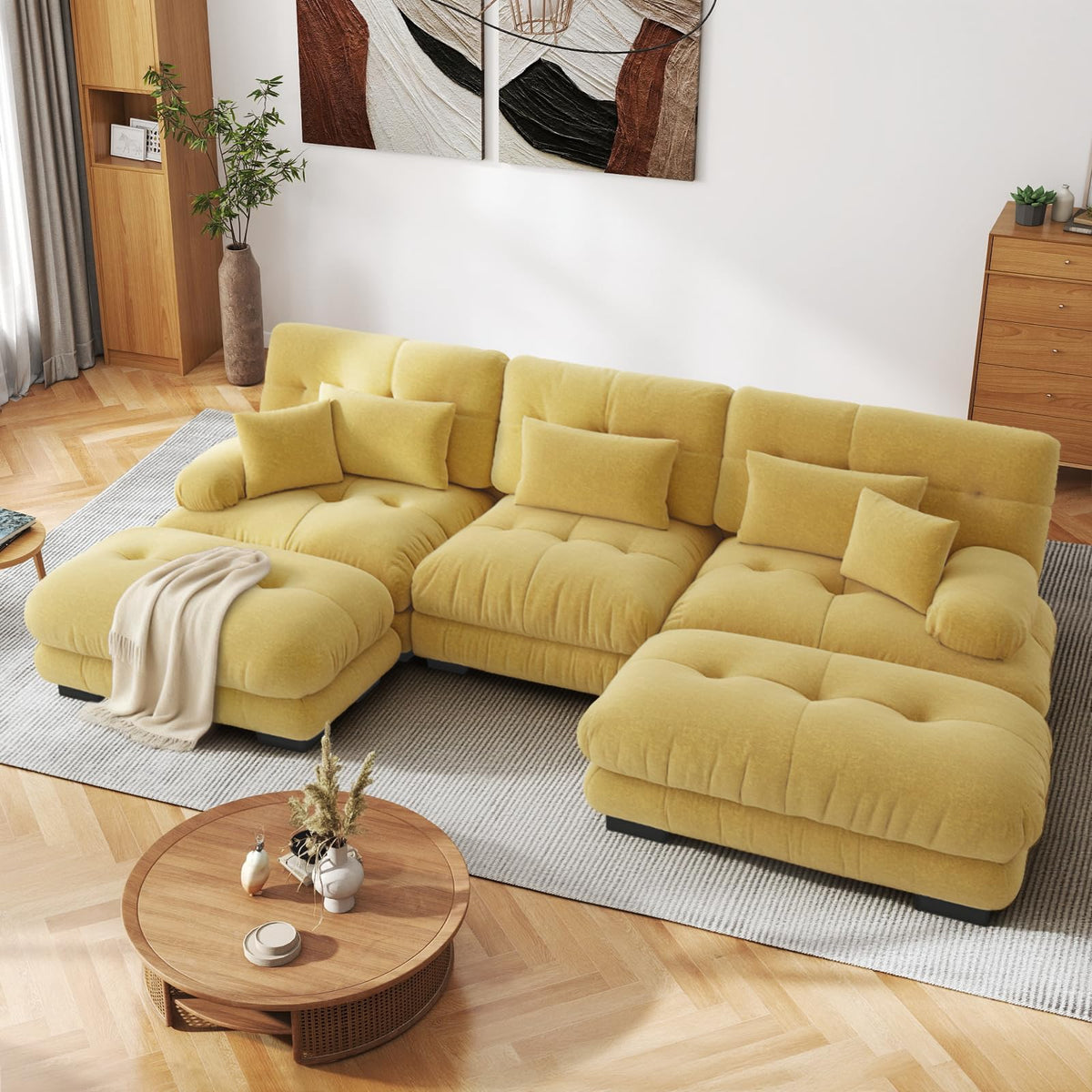 SoarFlash Sofá U Modular de 4 plazas para salón Moderno, sofá Nube de Tela Chenille con reposabrazos, Color Amarillo, 145×406 cm