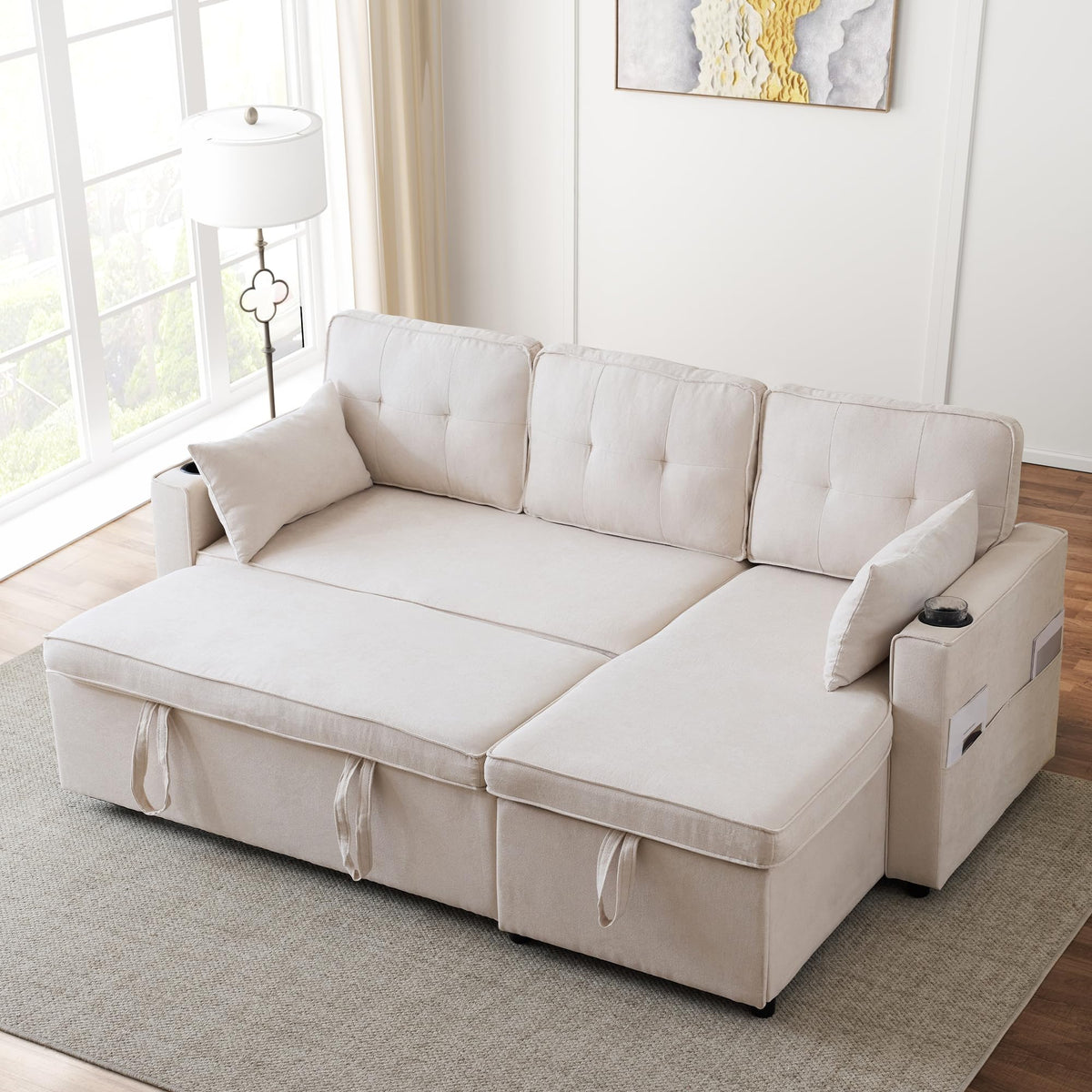 Sofá esquinero extensible en forma de L con puerto USB y portavasos, sofá cama de 4 plazas con función cama, sofá convertible con espacio de almacenamiento y reposabrazos, cojines, chenilla