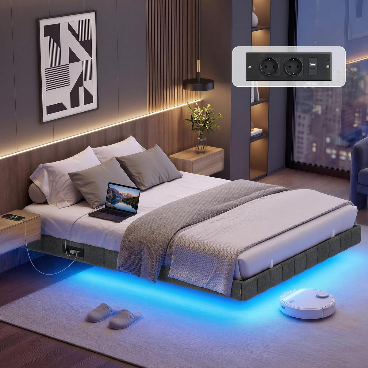VASAGLE Marco de Cama Flotante, 140 x 200 cm, LED, 2 Tomas y 3 USB