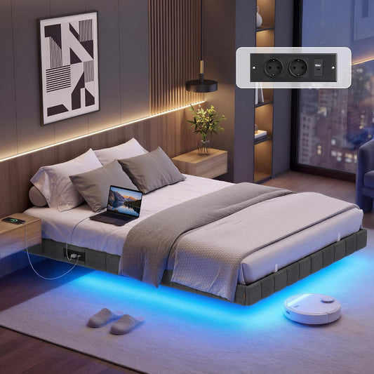 VASAGLE Marco de Cama Flotante, 140 x 200 cm, LED, 2 Tomas y 3 USB