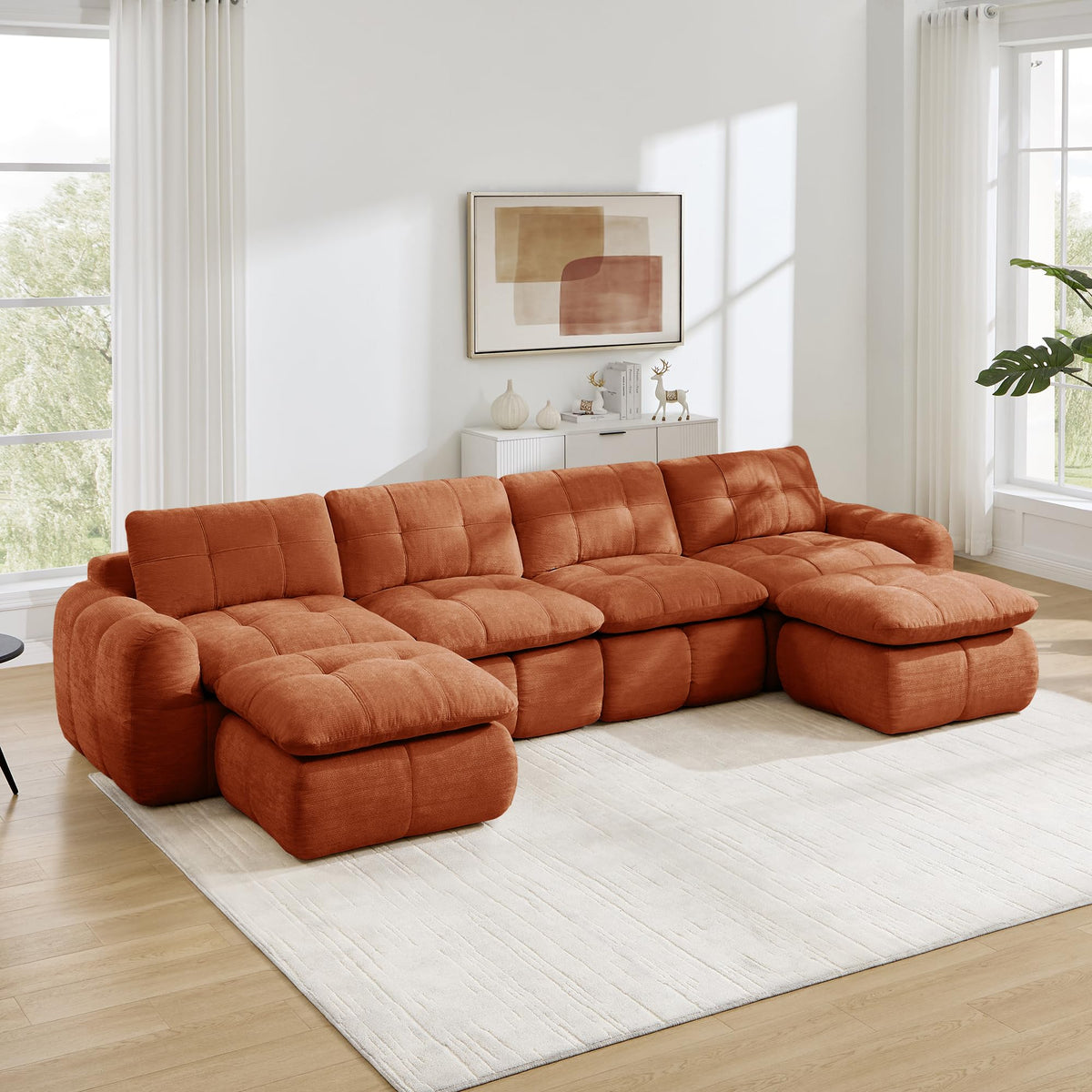 Sofá de 3 plazas con 1 taburete chenilla beige