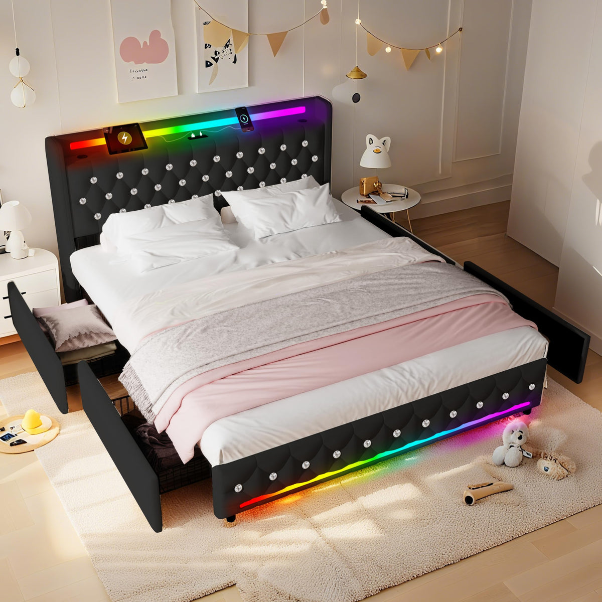 Estructura de Cama 140x200 cm con iluminación LED, Lino, Gris