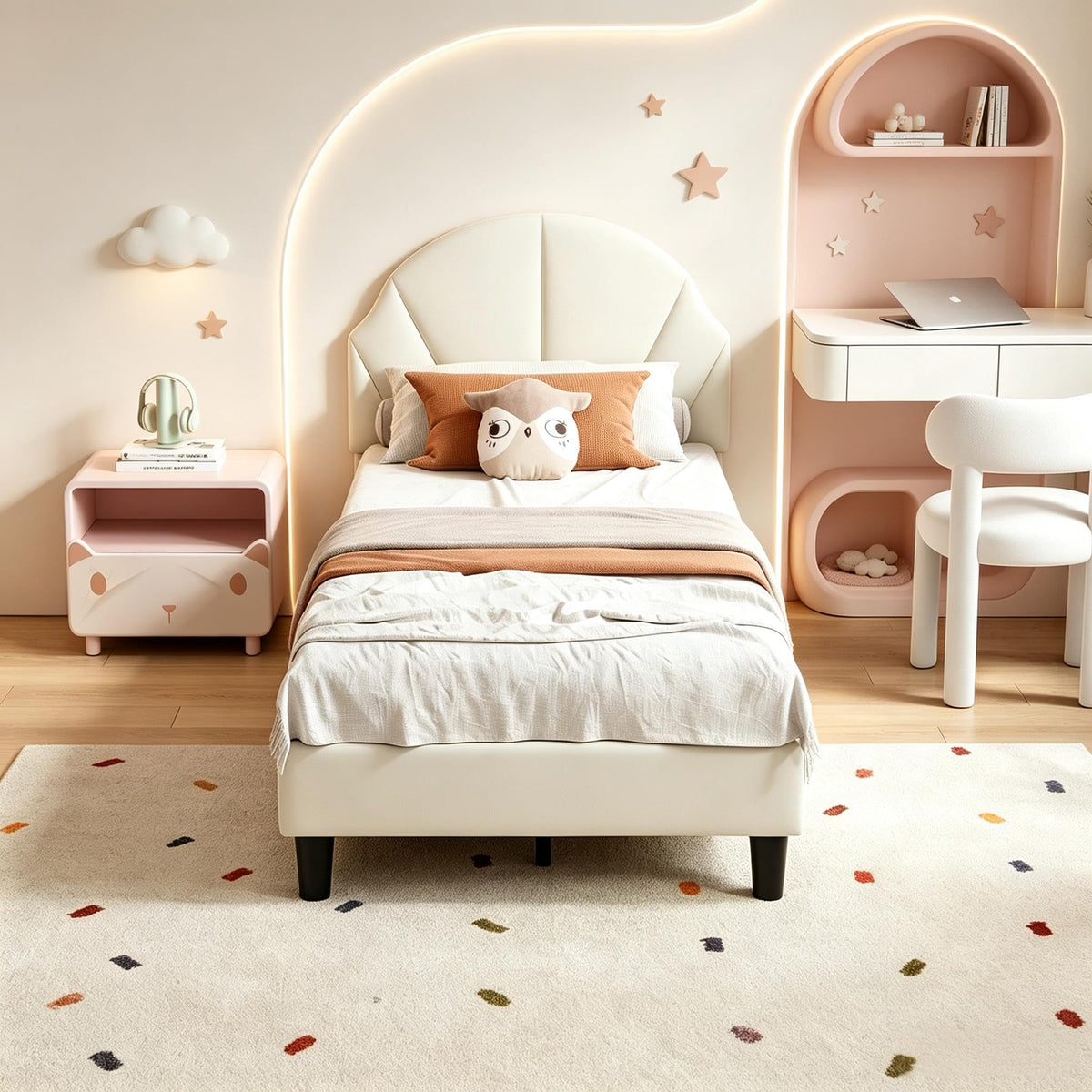 Cama Infantil tapizada 140 x 200 cm con LED, Cama tapizada para niños 140 x 200 con cabecera Ajustable Marco de Camas, Camas de Princesa para Niña en Forma de Corona con Somier(Rosa, 140 x 200)