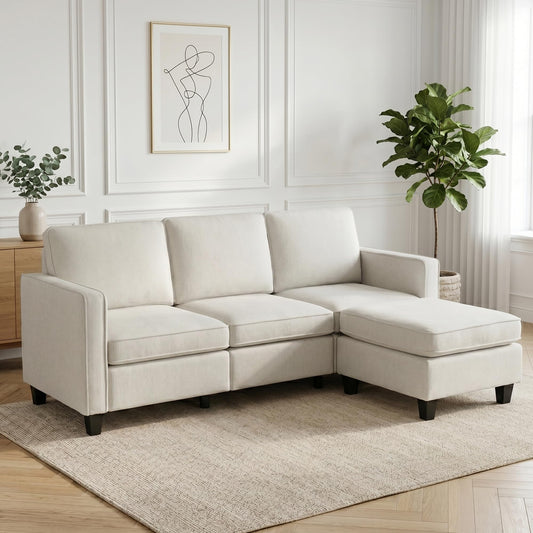 Sofá de 3 plazas con taburete, sofá flexible en forma de L como sofá esquinero, funda de tela suave con acolchado de espuma de alta densidad, sofá de salón para sala de estar, dormitorio, oficina y