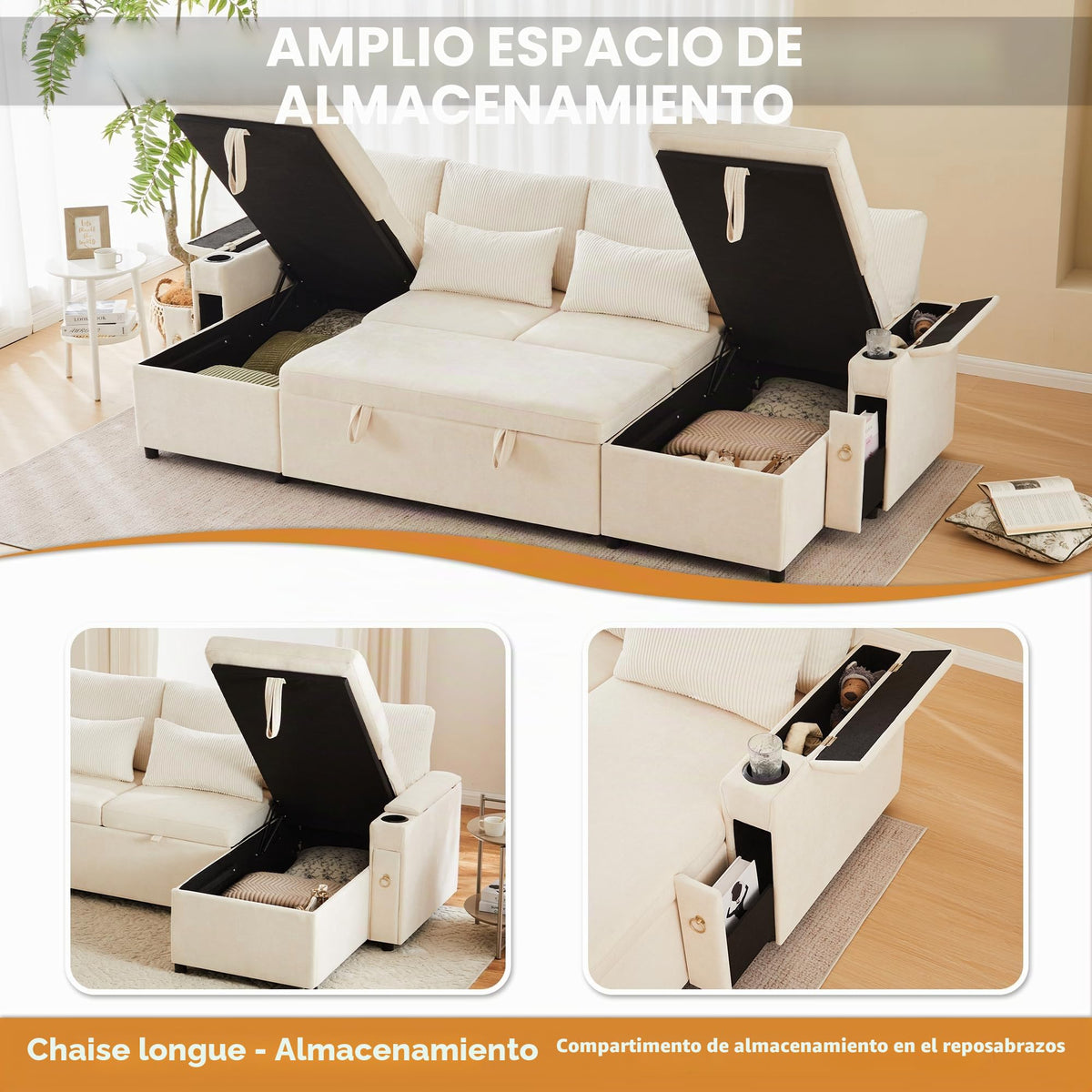 Kebnor Sofá cama de cuatro plazas en forma de U con soporte para bebidas, sofá de esquina con espacio de almacenamiento y función de descanso. Incluye soporte para bebidas y almohadas. Sofá