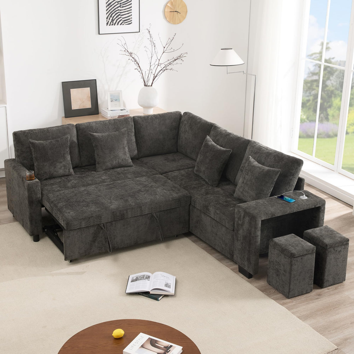Sofá moderno de chenilla en forma de U con chaise longue, sofá esquinero de 4 plazas con espacio de almacenamiento, puerto USB y tipo C, modular, con soporte para bebidas y cojines suaves