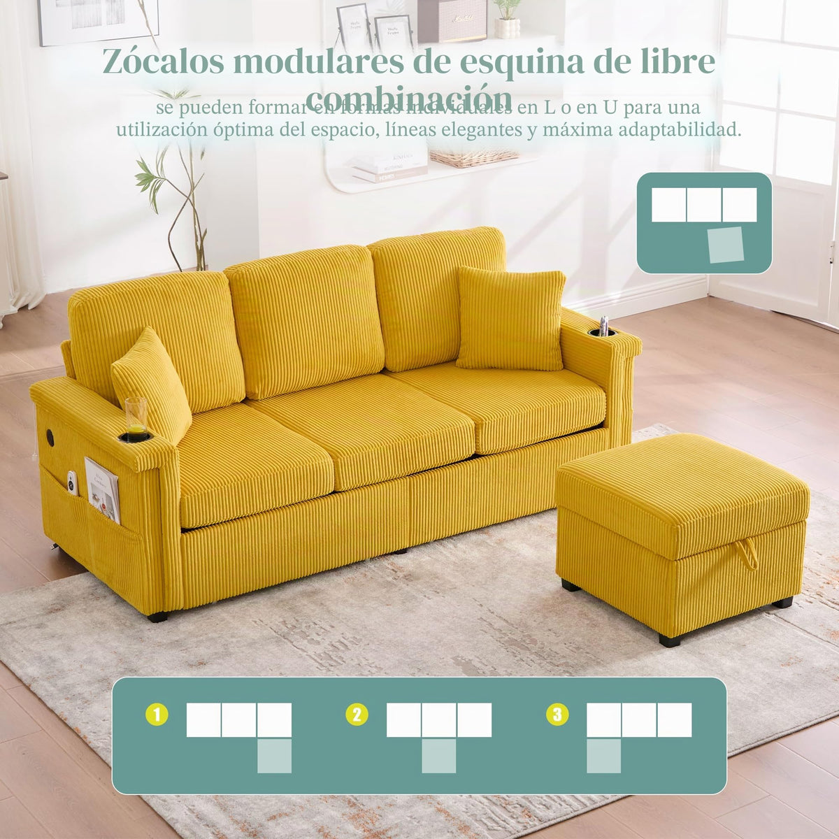 Lubvtti Sofá cama de 3 plazas moderno con función de cama, con espacio de almacenamiento, cargador USB, reposabrazos portaobjetos y 2 cojines, sofá de esquina en L, sofá de 3 plazas, chenilla (C-gris)