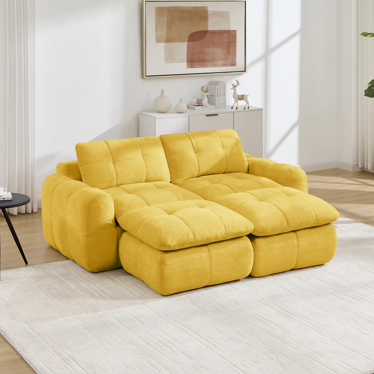 Sofá de 3 plazas con 1 taburete chenilla beige
