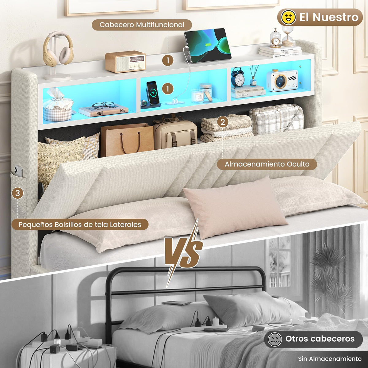 AOGLLATI Cama Matrimonial 140x190 cm con Almacenamiento Hidráulico, Lino