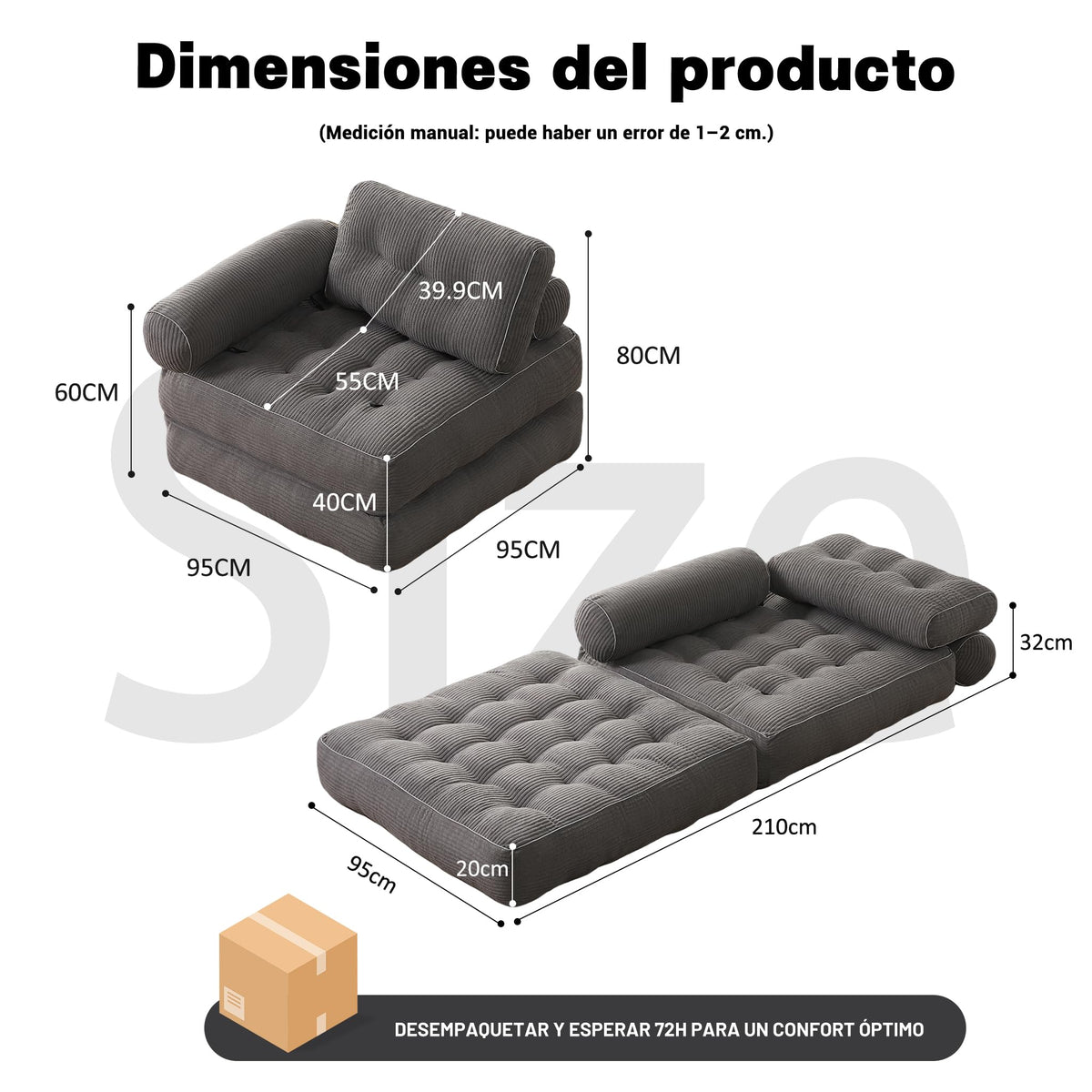 Sofá Convertible 4 en 1, Sofá Cama 1 Plaza, Pana, Negro