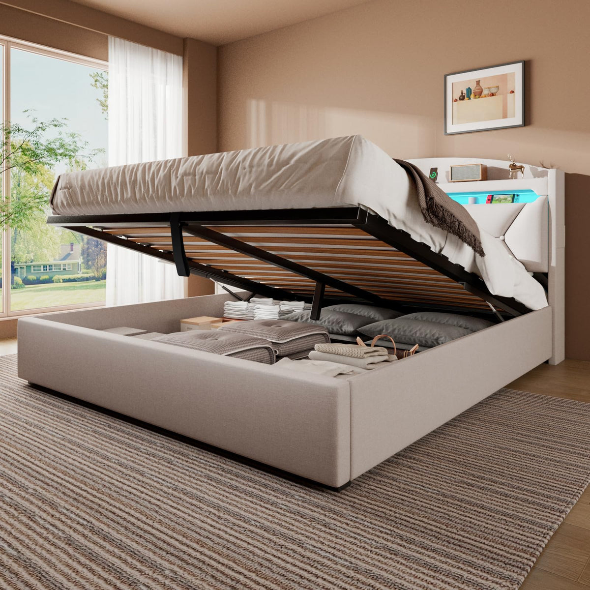 Cama 90x200 cm con Almacenamiento, Cama Individual con LED, Puertos USB y Type-C, Somier 90x200 Hidráulico, Camas Juveniles Camas Infantiles con Cabecero, Lino, Beige, Colchón No Incluido