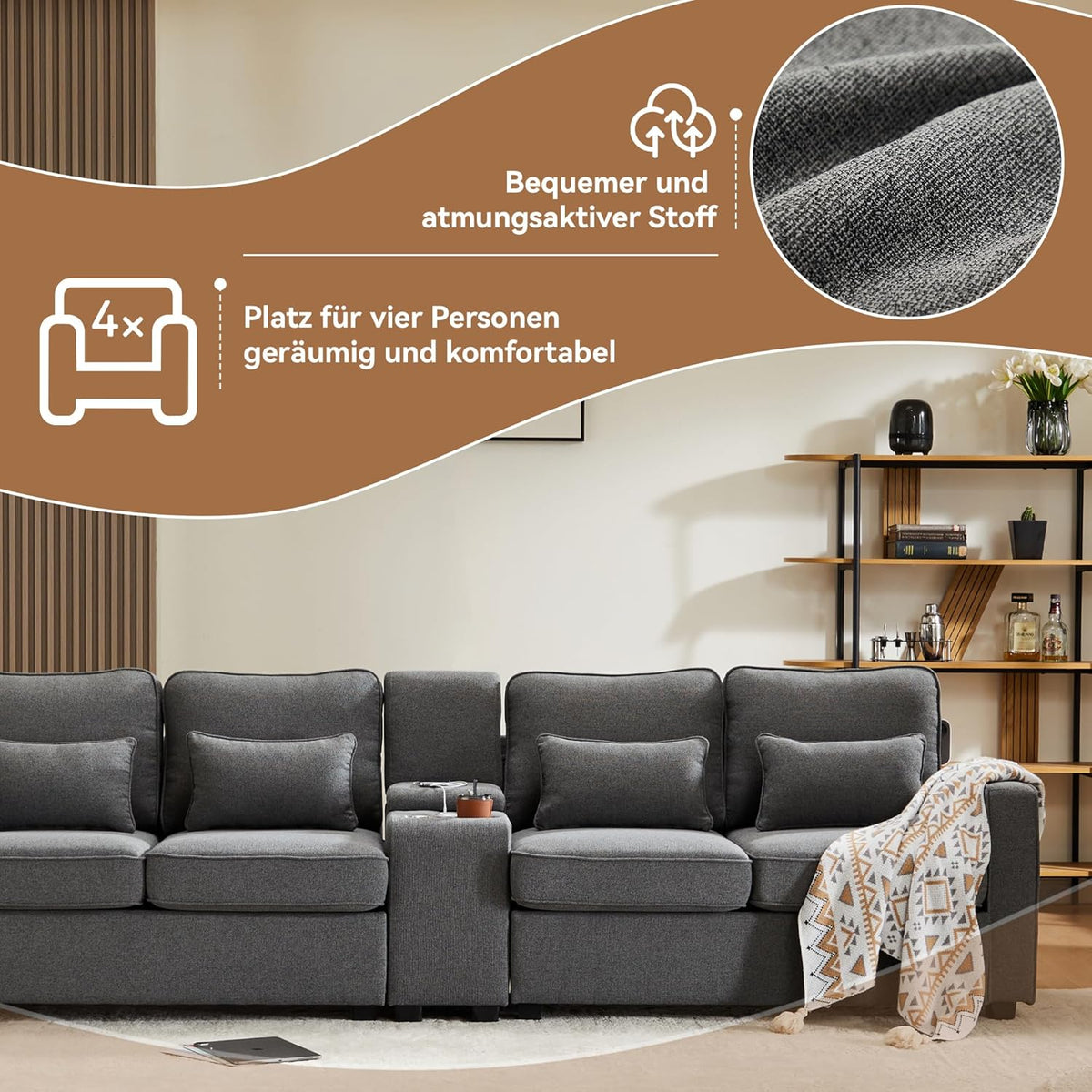Sofá moderno de 4 plazas, en tejido de lino, soporte para bebidas, 2 puertos de carga USB con cable, bolsillos en reposabrazos y 4 cojines, sofá sencillo para sala de estar