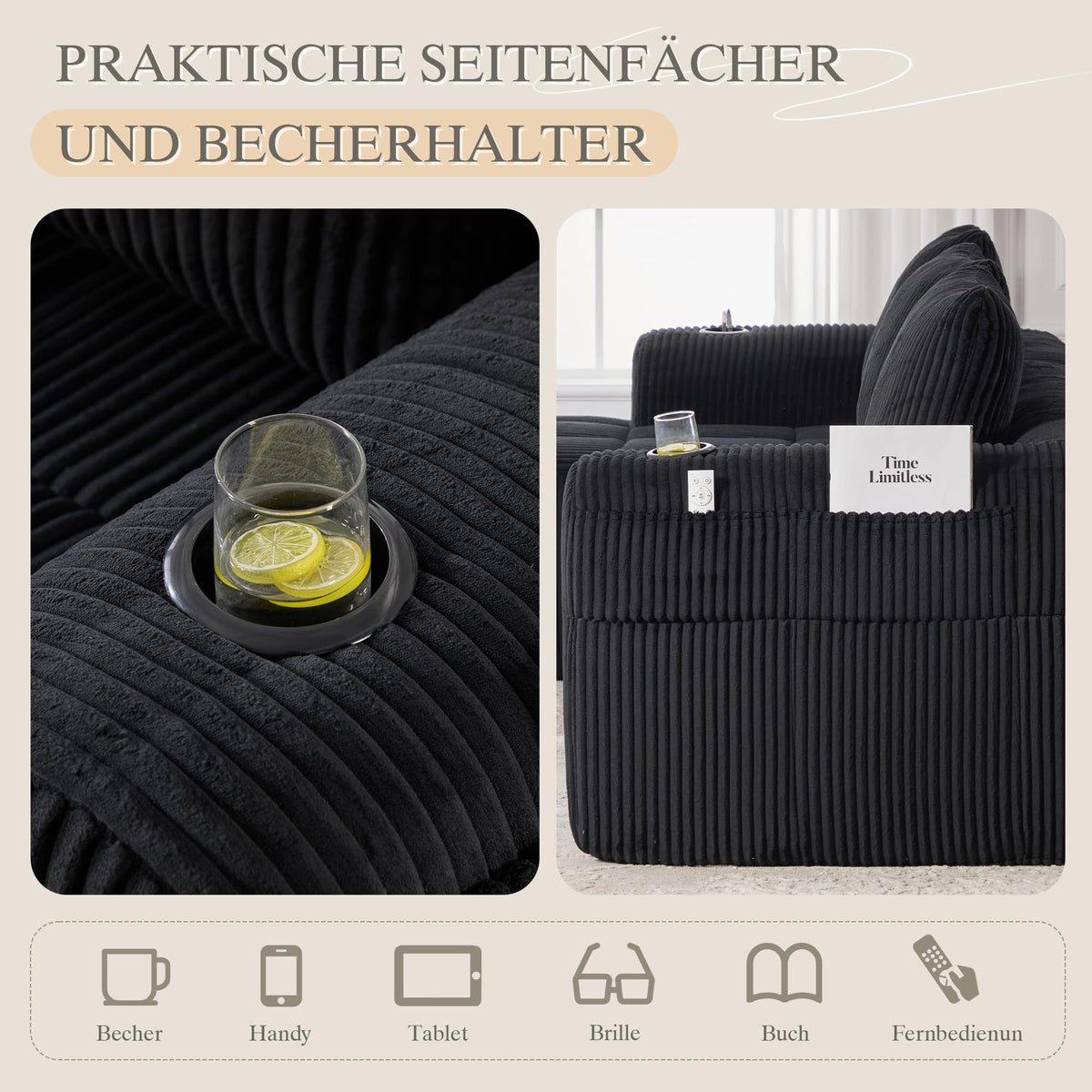 Dolamaní Sofá compacto de 3 plazas de pana con 3 cojines, sofá esquinero en forma de L con función de dormir, suave y modular, asiento extraprofundo, sin montaje, para salón (gris oscuro)