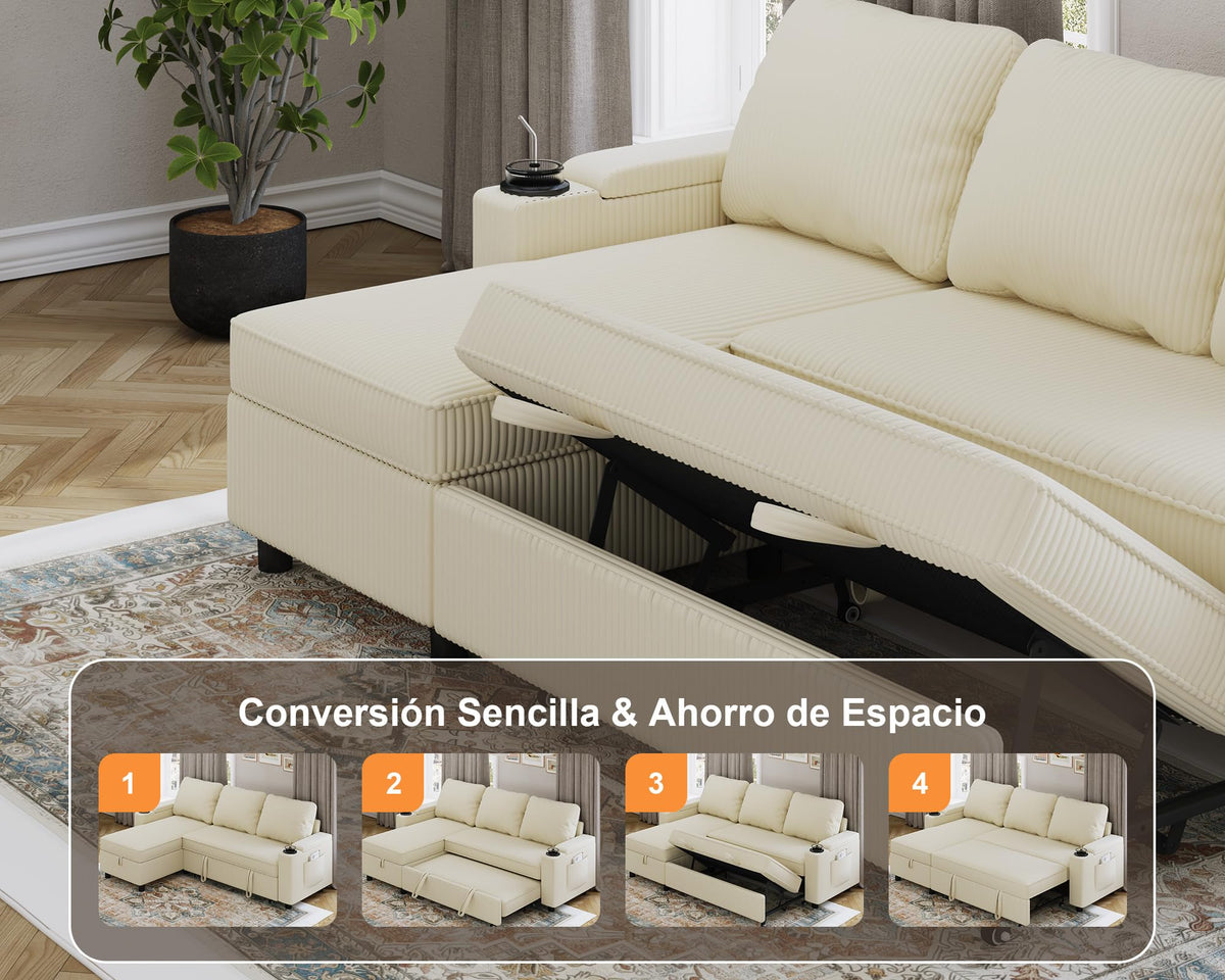 Devoko Sofá Cama L 3 plazas Azul Marino con almacén y portavasos, sofá Convertible Suave para salón y Piso, multifunción con Brazos amplios y Gran almacenaje