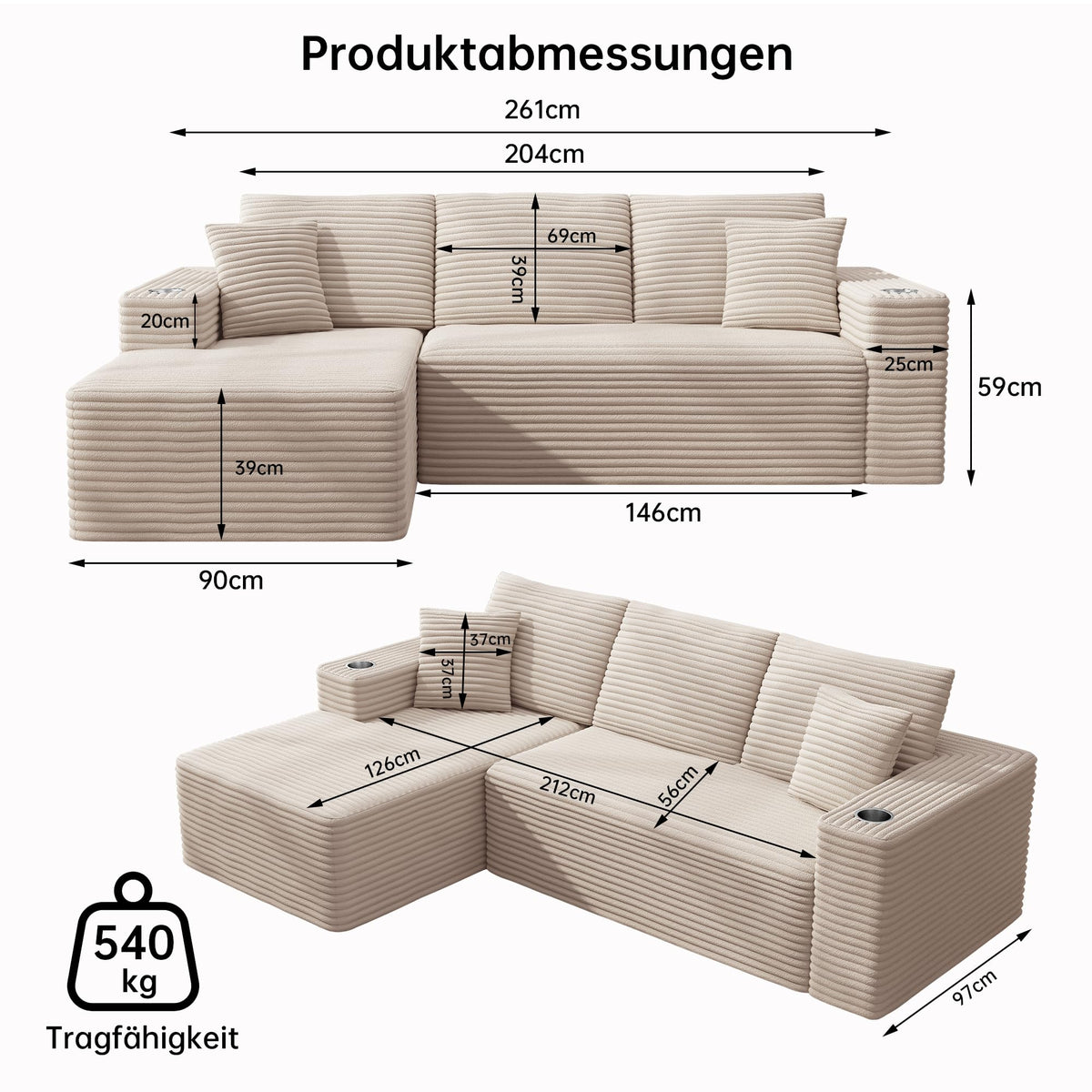 Sofa Modular sofás Comprimidos al vacío, Sofa Cama Chaise Longue 102 inch/261cm Sofá de Suelo Modular sin Estructura con Función de Dormir, Sofá para Salón o Apartamento, Negro