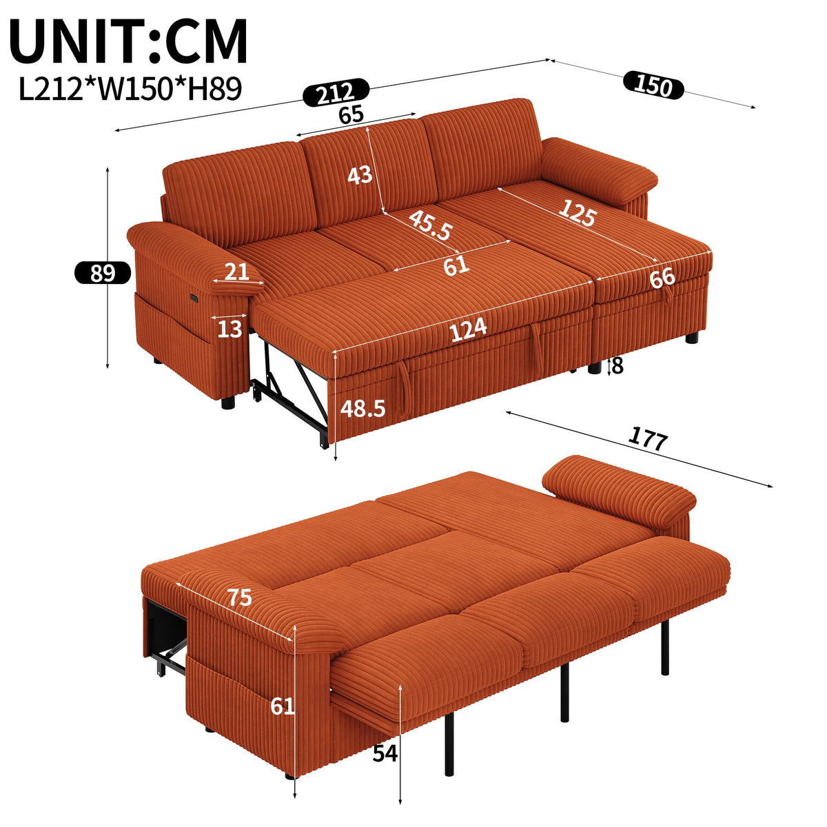 Sofá modular de 3 plazas con función cama extensible y USB/Type-C, sofá esquinero en forma de L con reposacabezas semifijos y compartimento de almacenamiento, sofás con chaise longue