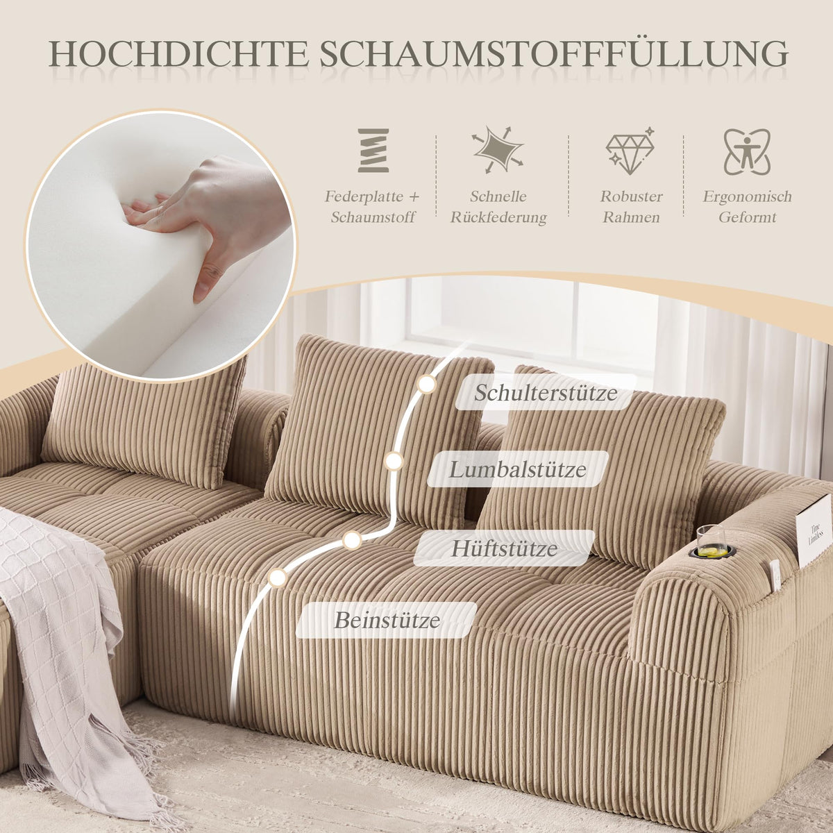 Dolamaní Sofá compacto de 3 plazas de pana con 3 cojines, sofá esquinero en forma de L con función de dormir, suave y modular, asiento extraprofundo, sin montaje, para salón (gris oscuro)