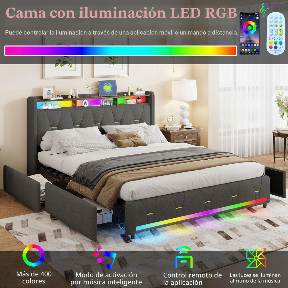 Estructura de Cama de Cuero 160x200cm con Carga USB Type-C, Blanco